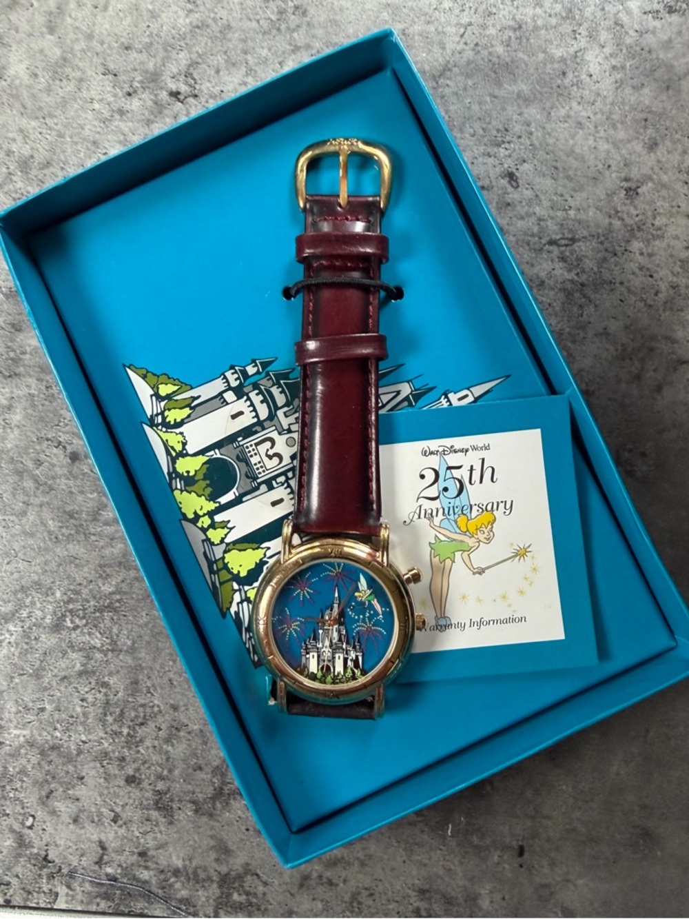 Vintage Walt Disney World 25th Anniversary Tinkerbell Burgundy Watch OG Box